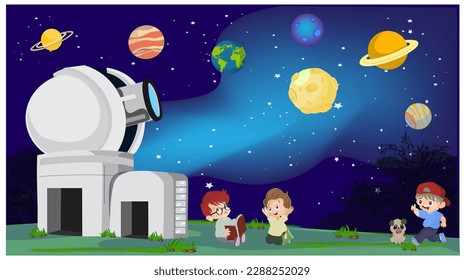 Children had fun and discussed astronomy and constellations outdoors with a group of friends in front of the observatory