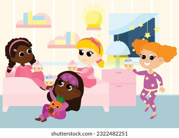 Los niños tenían una fiesta de pijama. Las chicas están vestidas con pijamas y están en el dormitorio. Habitación infantil en forma de caricatura. El dormitorio tiene una cama, una mesita de noche y una lámpara.