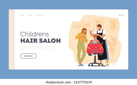 Children Hair Salon Landing Page Template. Hairdresser Make Hairstyle to Little Child Sitting in Car Chair. Mother Waiting Son in Kids Barbershop, Boys Beauty and Fashion. Cartoon Vector Illustration