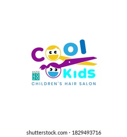 Children hair salon logo. Funny logo smiling face and scissors. badges and emblems, Children's hair stylist vector