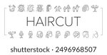 Children Haircut Salon Service Icons Set Vector. Kid Haircut Salon Service And Accessory, Chair In Car Airplane Form, Haircutting Scissors Device. Hairdressing Procedure Black Contour Illustrations