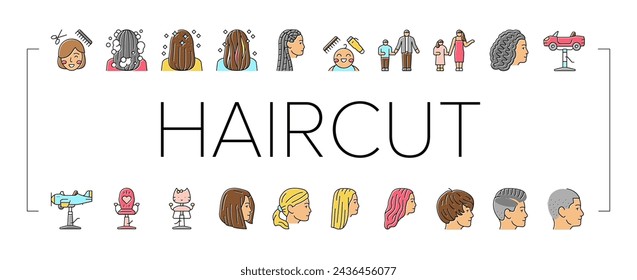 Children Haircut Salon Service Icons Set Vector. Kid Haircut Salon Service And Accessory, Chair In Car And Airplane Form, Haircutting Scissors And Device. Hairdressing Procedure Color Illustrations