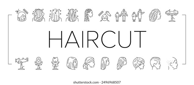 Kinder Haarschnitt Salon Service Icons Set Vektor. Kid Friseur Salon Service und Zubehör, Stuhl in Auto-Flugzeug-Form, Haarschnitt Schere Gerät. Friseurverfahren Schwarze Kontur Illustrationen