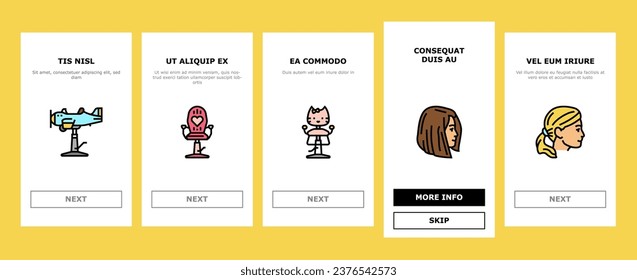 Children Haircut Salon Service onboarding mobile vector. Kid Haircut Salon Service And Accessory, Chair In Car And Airplane Form, Haircutting Scissors And Device. Hairdressing Procedure Illustrations