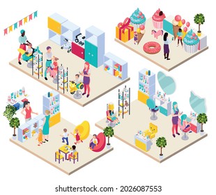 Children hairdresser beauty salon isometric composition with set of platforms with rooms furniture and human characters vector illustration