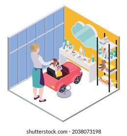Children hairdresser beauty salon isometric composition with kid on toy car seat with working adult haircutter vector illustration