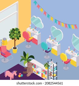 Children hairdresser beauty salon isometric composition with indoor interior toys and chairs with mirrors and tables vector illustration