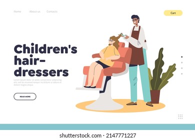 Children hairdresser concept of landing page with female hair stylist cut hair for teenage girl. Hairdressing salon with child client. Barbershop service for kids. Cartoon flat vector illustration