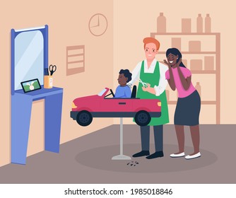 Children hairdresser flat color vector illustration. Mother with toddler at grooming salon. Child friendly services. Kindergarten 2D cartoon characters with studio interior on background