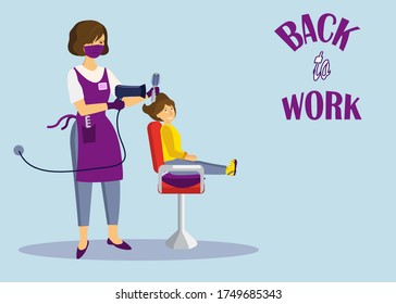 Children hairdresser making girl hairstyle in salon. Back to work in hairdressing salon, beauty salon. Vector illustration