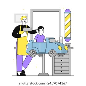 Children hairdresser simple. Man with hairdresser near kid at car. Beauty, elegance and aesthetics. Schoolboy in barbershop. Doodle flat vector illustration isolated on white background