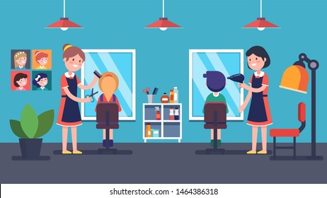 Children hairdresser women making girl, boy kids clients haircut and hairstyle in beauty hairdressing salon. Hair cut salon interior design with mirrors, shelves, dryer. Flat vector illustration