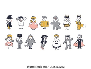  Children In Halloween Cosplay, Comical Hand-drawn Characters, Vector, Line Drawing And Color