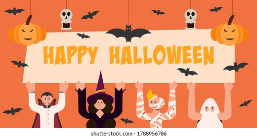 Children in Halloween costume carry Happy Halloween banner with decorated pumpkin, skull and bat.