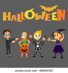 Children Halloween costume collection. Vector illustration of a flat design.