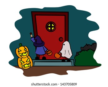 Children in halloween costume holding basket waiting in front the door