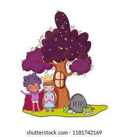 children with halloween costume and rip stone