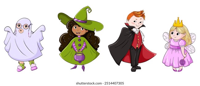 Children in Halloween costumes. Cartoon vector characters of kid witch, vampire, ghost, fairy. Cute girls and boys in festival outfit for party, web, mascot. Isolated on white background