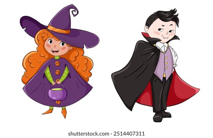 Crianças com trajes de Halloween. Caracteres vetoriais de bruxa infantil, vampiro. Menina bonito e menino em trajes de festival para festa, web, mascote. Isolado sobre fundo branco