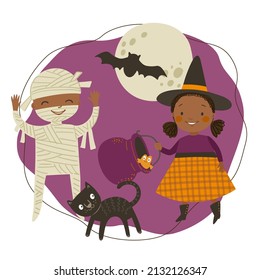 Children in Halloween costumes. Cute little witch, mummy, black cat, bat and moon. Autumn Halloween vector illustration.