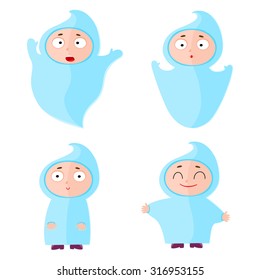 Children with halloween costumes: ghost. Cheerful children figures isolated on white.
