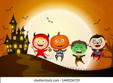 Children in Halloween costumes. Happy jumping monsters with big moon and castle in background. Can be used for topics like celebration, trick or treat, cartoon character