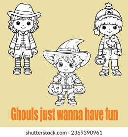 Children in Halloween Costumes Holding Pumpkin Baskets