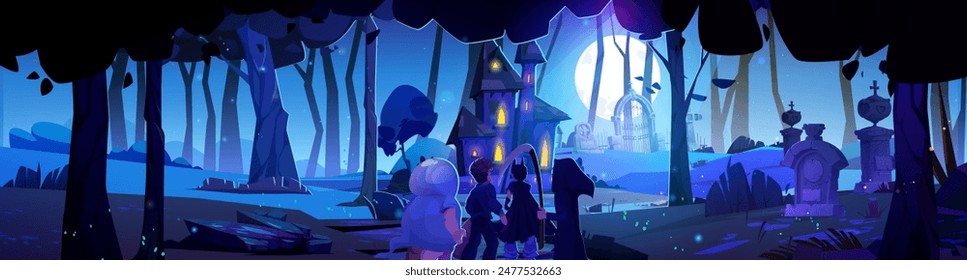 Children in Halloween costumes on night cemetery. Vector cartoon illustration of spooky graveyard with stone tombs, spooky haunted house, kids in scary clothes playing trick or treat, full moon in sky