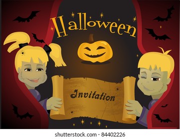 Children in Halloween costumes with paper scroll banner