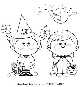 Children in Halloween costumes, playing trick or treat. Vector black and white coloring page.