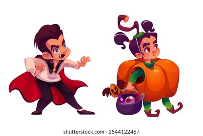 Niños en disfraces de Halloween aislados sobre fondo blanco. Ilustración de dibujos animados de Vector de niño y niña con capa de Drácula y vestido de calabaza, jugando juego de truco o trato, infancia feliz