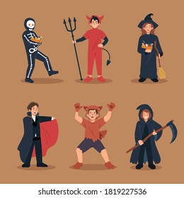 Children in halloween costumes. Skeleton, devil, witch, dracula, werewolf, grim reaper character illustration