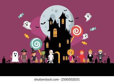 Children in halloween costumes with spooky house. Happy Halloween party poster. Vector illustration