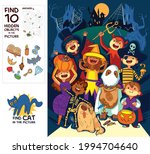 Children in halloween costumes. Trick or Treat. Find where Cat is hiding. Find 10 hidden objects in the picture. Puzzle Hidden Items. Funny cartoon character. Vector illustration