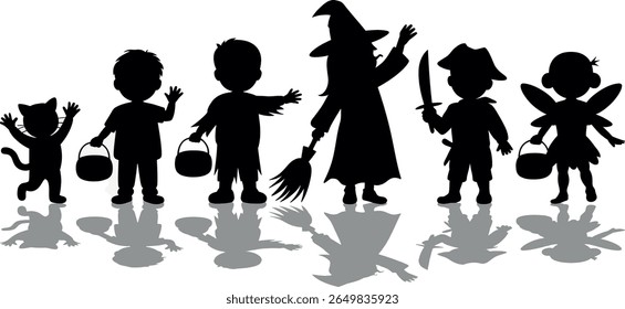 Children in halloween costumes trick or treating with candy buckets silhouette