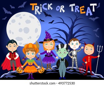 Children in halloween costumes. Vampire Dracula, devil, witch, pumpkin, zombie, skeleton. Halloween background