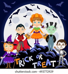 Children in halloween costumes. Vampire Dracula, witch, pumpkin, zombie, skeleton. Halloween background