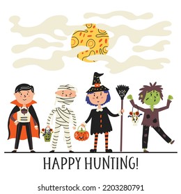 Children in Halloween costumes vampire zombie mummy witch. Halloween kids graphic. Cartoon flat vector 