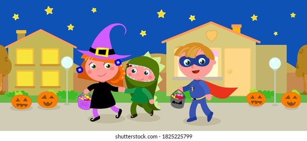 Children in Halloween costumes, witch, dinosaur and superhero, doing trick or treat. Seamless cartoon vector illustration