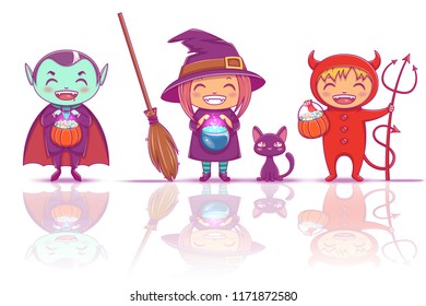 Children in halloween costumes of witch, vampire and devil are ready for Happy Halloween Party. Isolated on white background with reflection.