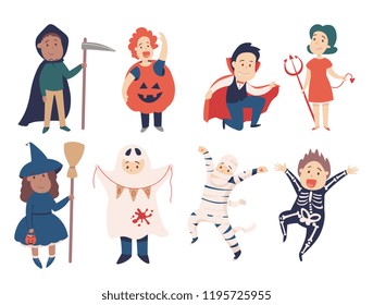 Children in halloween costumes of witch, vampire and devil are ready for Happy Halloween Party. Isolated on white background with reflection.