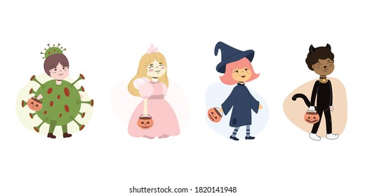 Children in Halloween customs isolated on white background. Boys wear in coronavirus and black cat customs, girls wear in fairy and witch customs to celebrate Halloween party. Vector illustration.