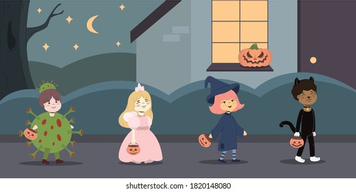 Children in Halloween customs on the street. Boys wear in coronavirus and black cat customs, girls wear in fairy and witch customs to trick or treating. Vector flat autumn illustration.