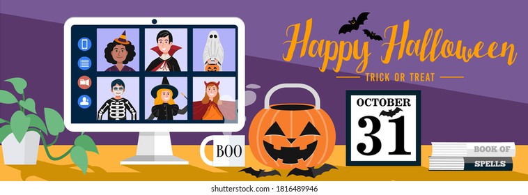 Children In Halloween Dress Video Meetings At Home. Vector