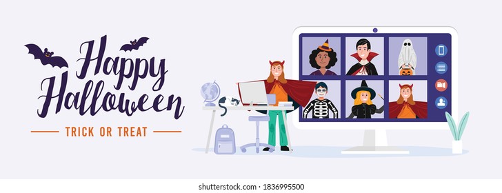 Children in Halloween dress video meetings at home. Vector