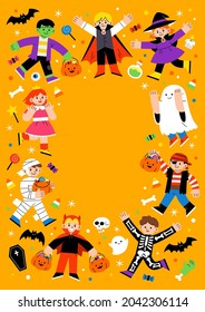 Children in Halloween fancy dress for Trick or Treating. Template for advertising brochure. Happy Halloween Concept.