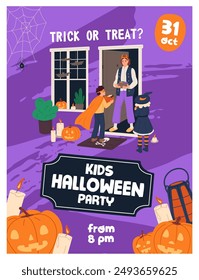 Afiche de la fiesta de Halloween para niños. Promoción de la mascarada de los niños Helloween. Amigos disfrazados de carnaval van a los vecinos a hacer trucos o golosinas, a comprar dulces, dulces en las vacaciones. Ilustración vectorial plana