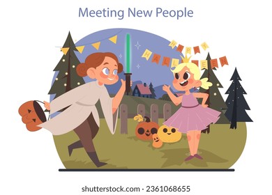 Children at the Halloween party. Little girls wearing costumes. Kid making friends on a trick or treat party. Scary night traditions, carnival decorations and pumpkins. Flat vector illustration