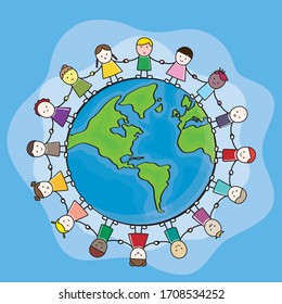 Children hand in hand around the world Cartoon Vector Illustration Hand 