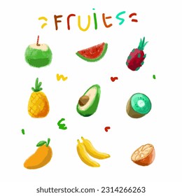 Children hand drawn Cryons style collection of fruits. Hand drawn fresh food design elements isolated on white background.
